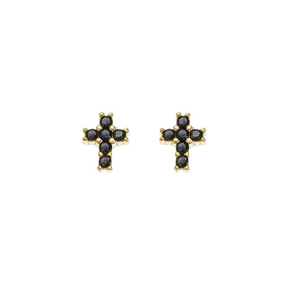 Earring - Cross w/ Black CZs Studs - 2 colours available