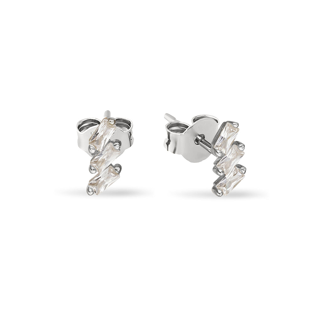 Triple CZ Baguette Silver Stud Earrings