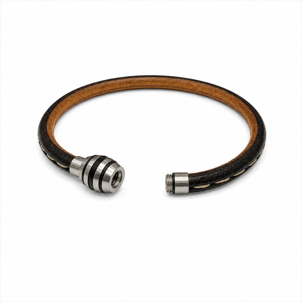 Brown Leather Bracelet with a woven beige/tan centre detail