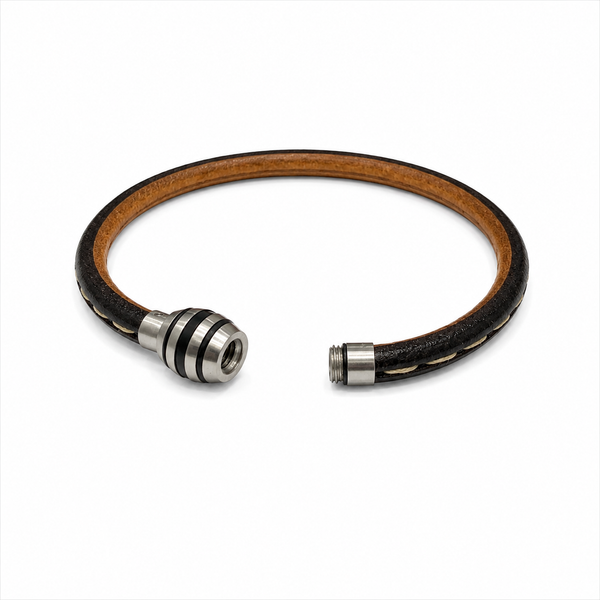 Brown Leather Bracelet with a woven beige/tan centre detail