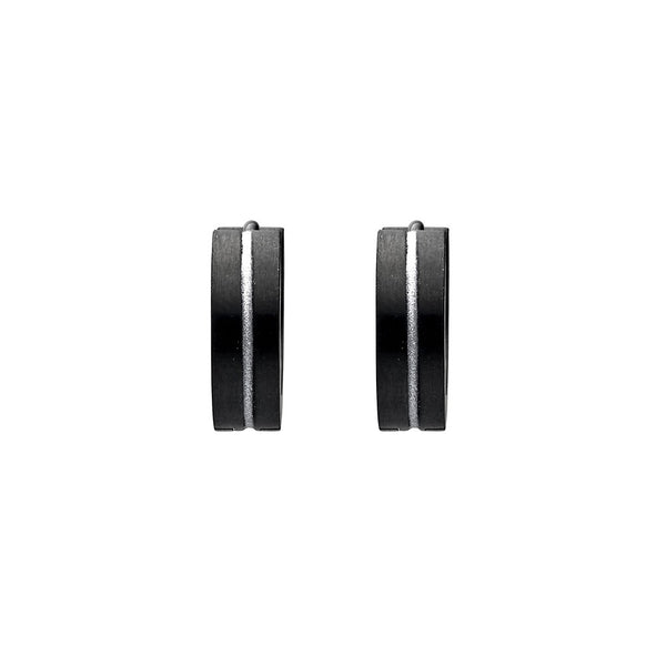 Men Earring - Black Finish & Silver Line Detail Huggies