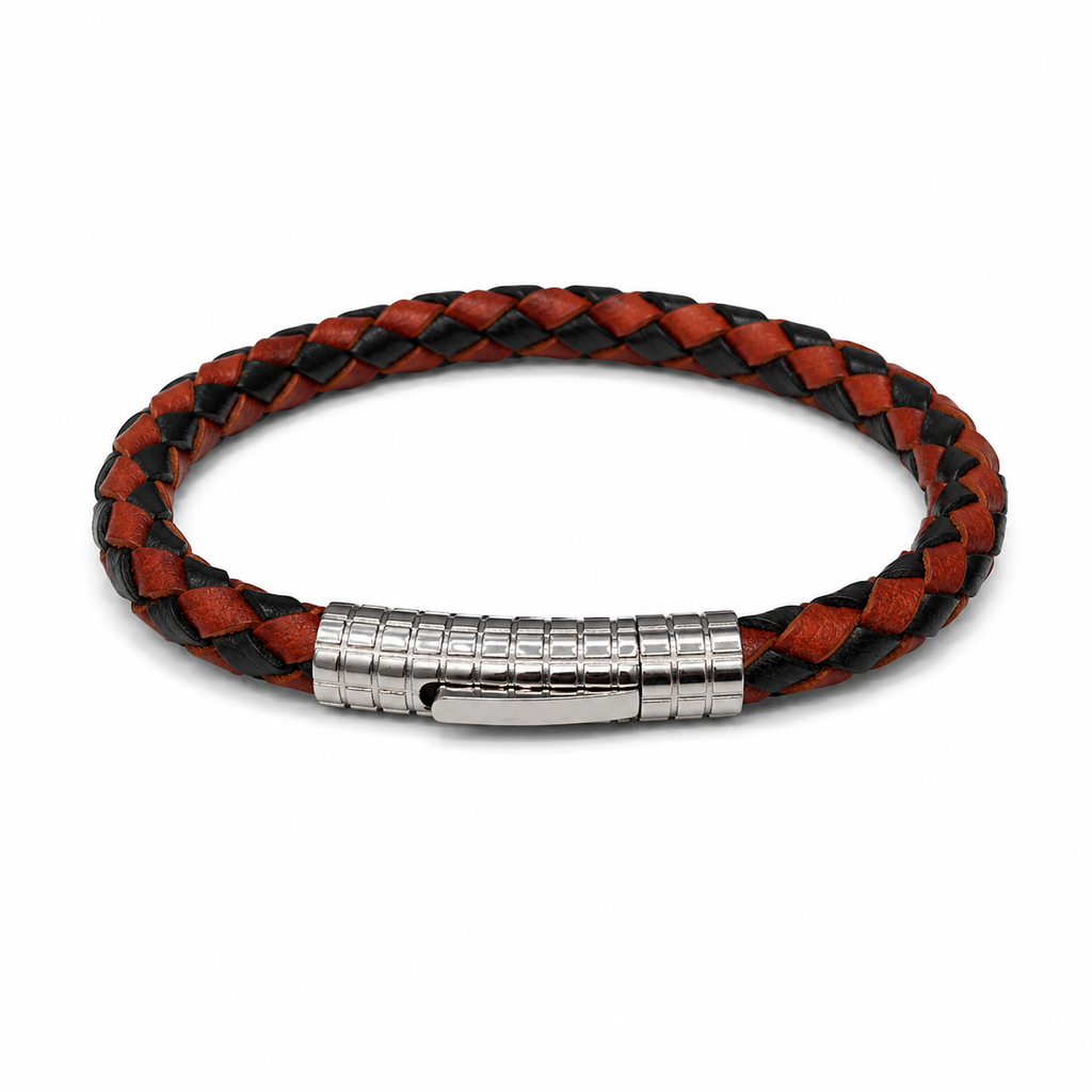 Interwoven Black and Red Leather Pattern Bracelet with Magnet Clasp