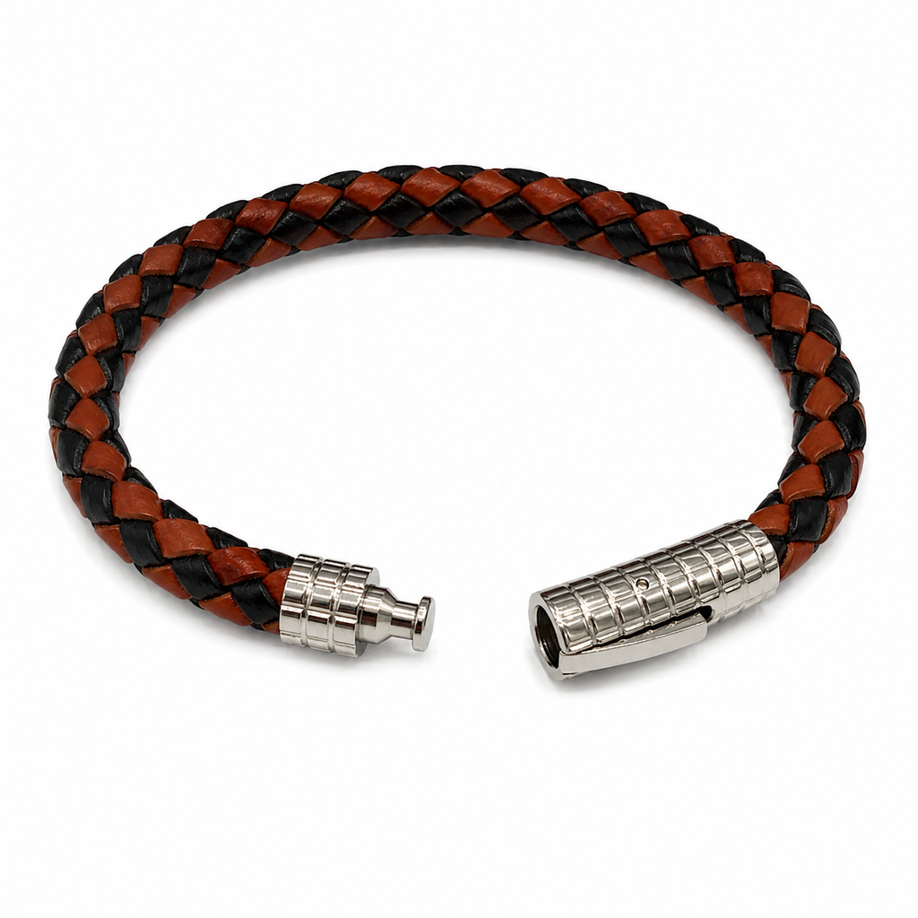 Interwoven Black and Red Leather Pattern Bracelet with Magnet Clasp