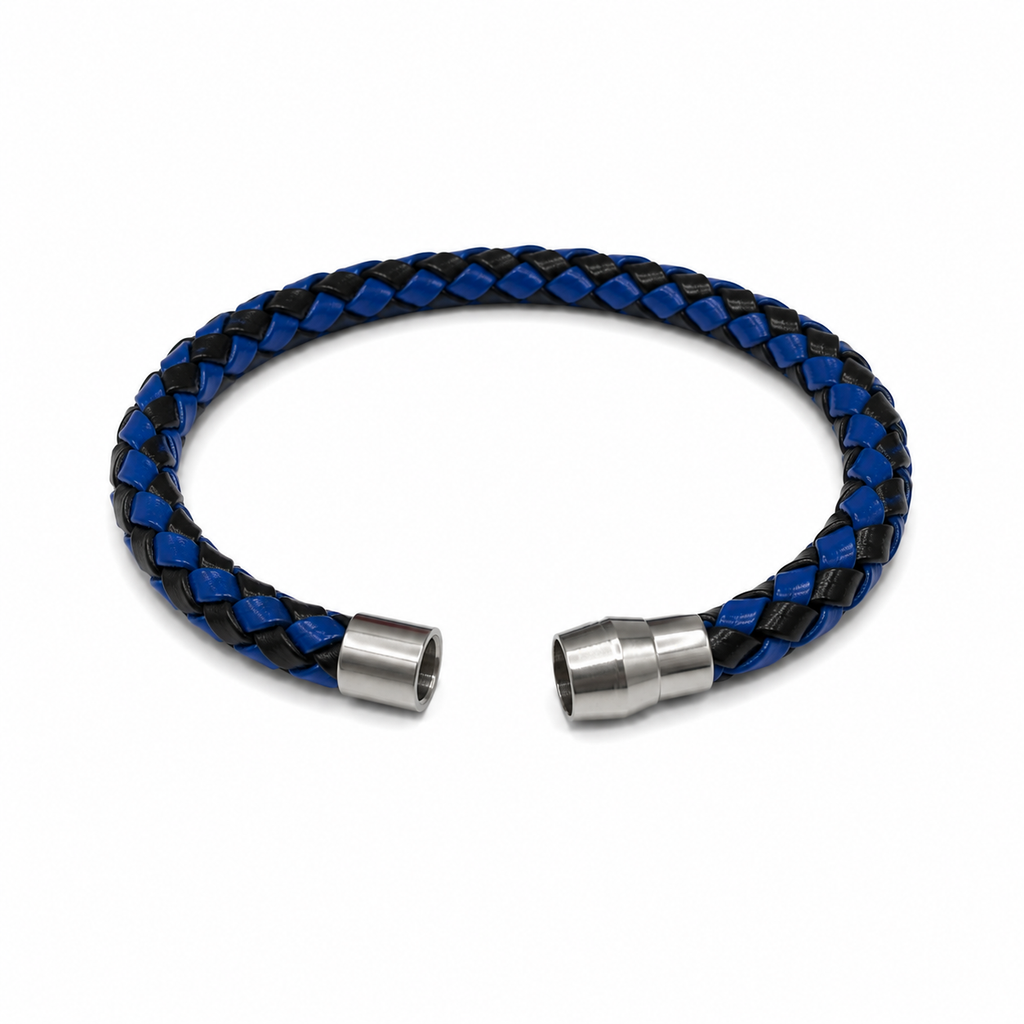 Interwoven Black and Blue Leather Pattern Bracelet with Magnet Clasp