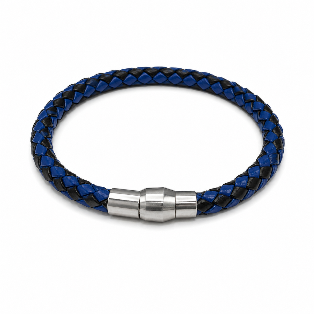 Interwoven Black and Blue Leather Pattern Bracelet with Magnet Clasp