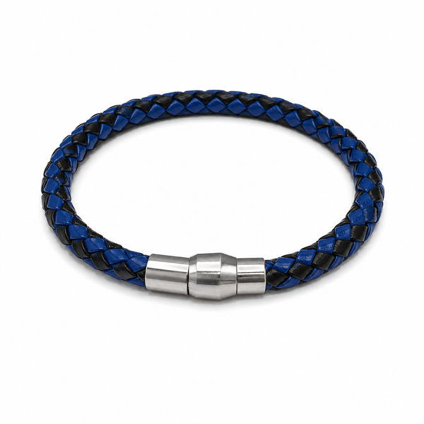 Interwoven Black and Blue Leather Pattern Bracelet with Magnet Clasp