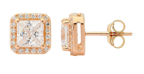 CZ Princess Cut Halo Rosegold Stud Earrings