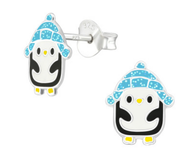 Kids Penguin with blue hat stud earrings