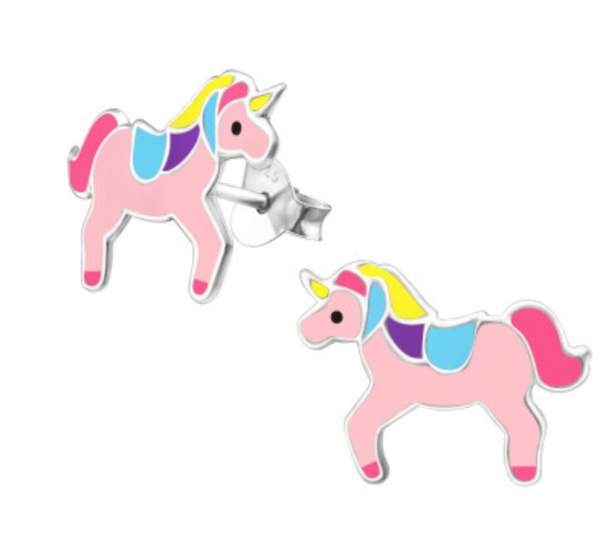 Kids Pink Unicorn Silver Stud Earrings