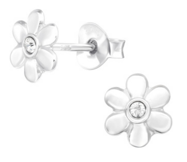 Kids Flower with CZ Silver Stud Earrings