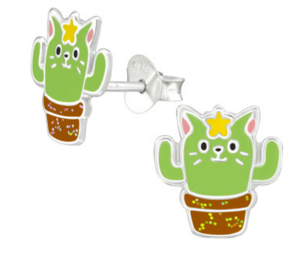 Kids Cactus Cat Silver Stud Earrings