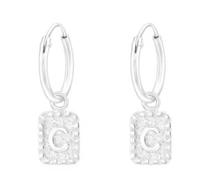 Initial Silver Drop Hoop Earring