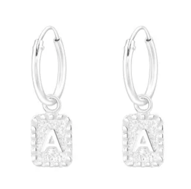 Initial Silver Drop Hoop Earring