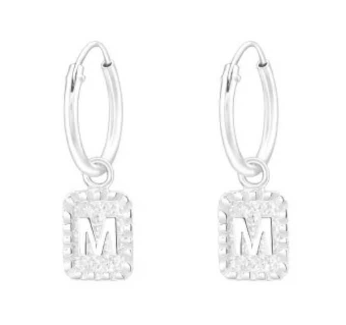 Initial Silver Drop Hoop Earring