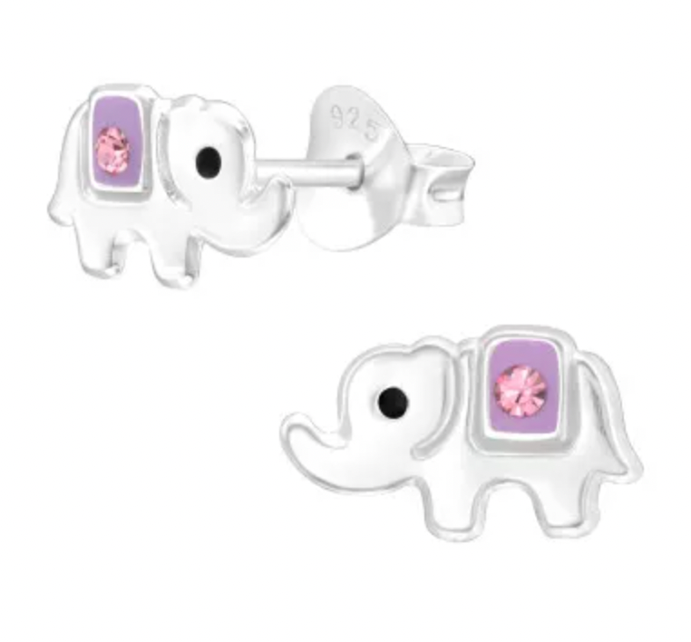 Kids Silver Elephant with Pink Crystal stud earrings