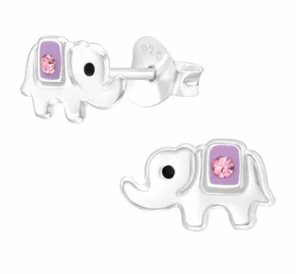 Kids Silver Elephant with Pink Crystal Stud Earrings