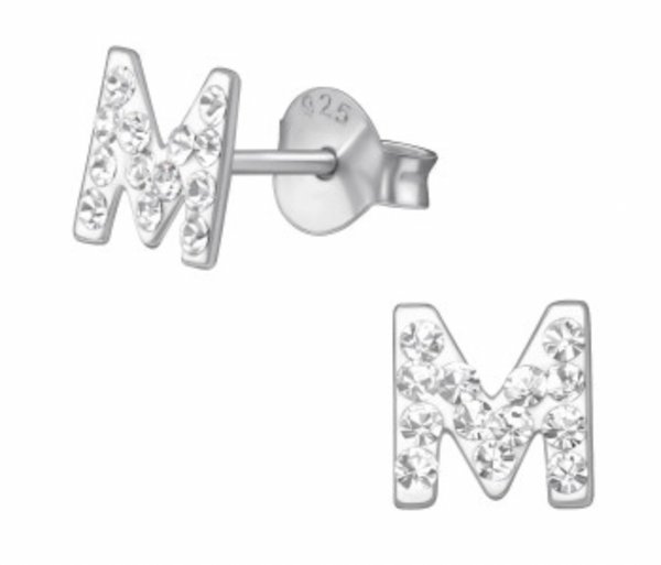 Initial 'M' with Crystal Silver Stud Earrings