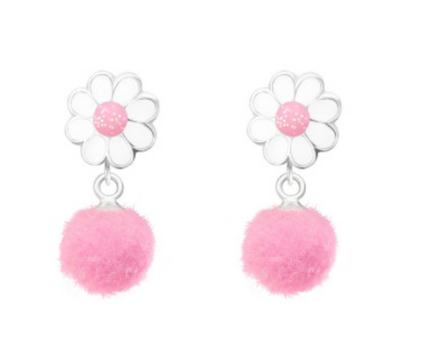 Kids Pink Flower with Pom Pom Stud Earrings