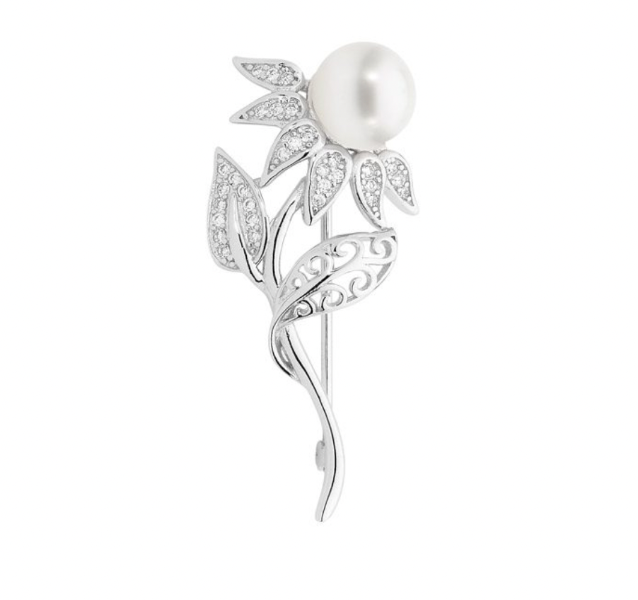 White CZ Flower with Pearl Brooch