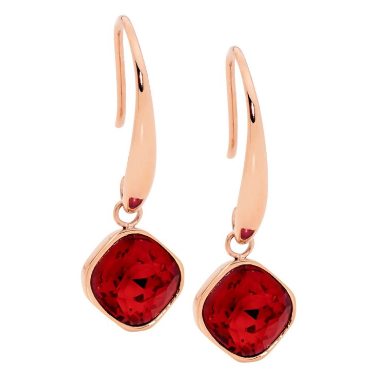Red CZ Square Rosegold Drop Earrings