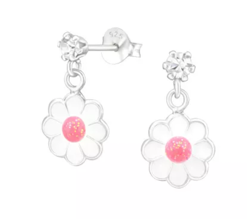 Kids CZ Pink Flower Hanging Earring