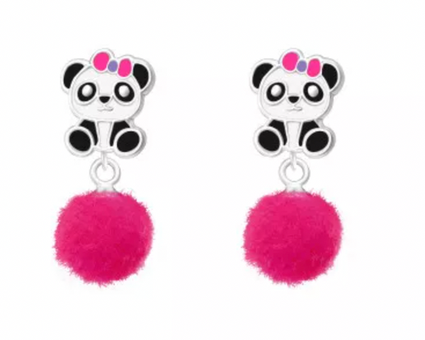 Kids Pink Panda with Pom Pom Stud Earrings