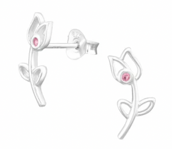 Rose with Pink CZ Silver Stud Earrings