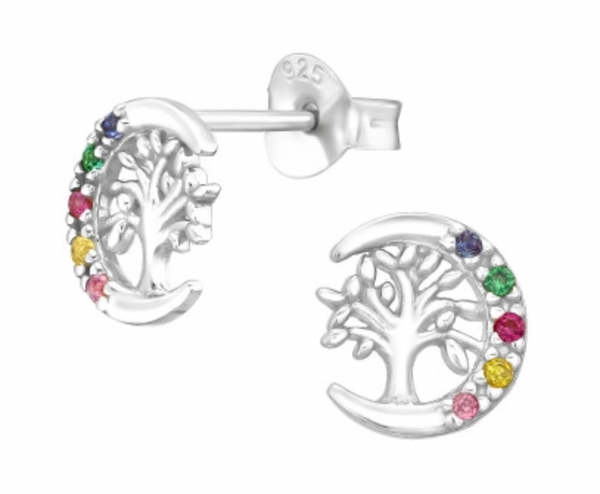Kids Moon & Tree with Crystal Silver Stud Earrings