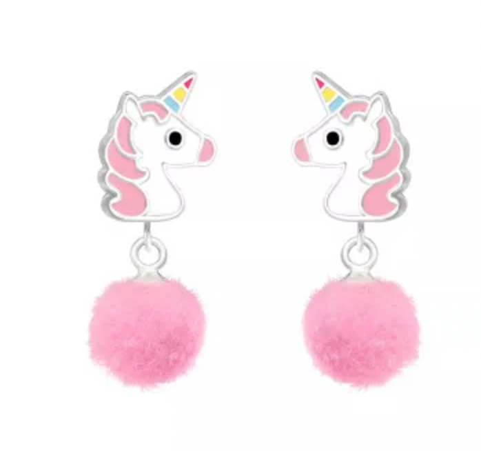 Kids Pink Unicorn with Pom Pom Stud Earrings
