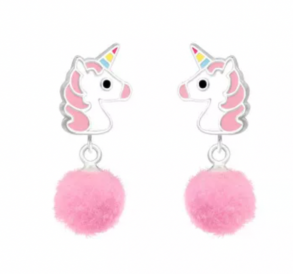 Kids Pink Unicorn with Pom Pom Stud Earrings