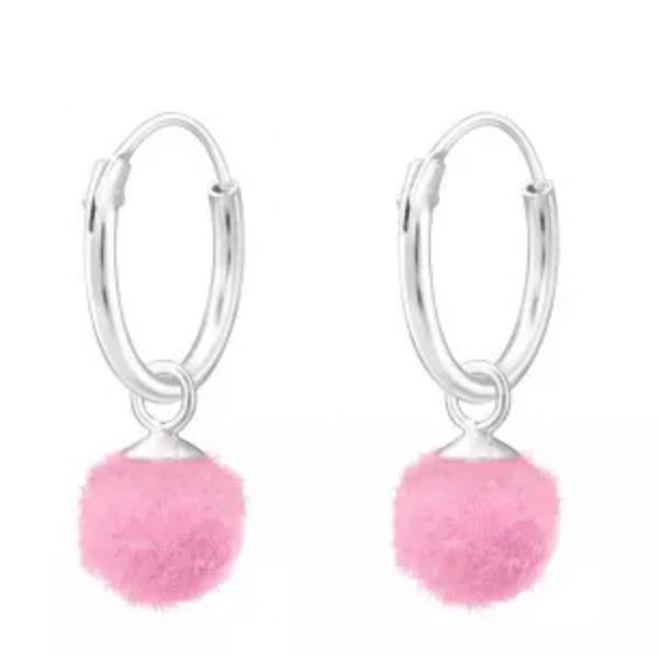 Kids  Pink Pom Pom Hoop Earrings
