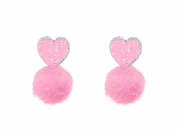 Kids Pink Heart Pom Pom Stud Earrings