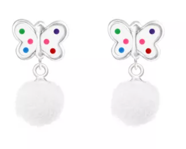 Kids White Butterfly Pom Pom Stud Earrings