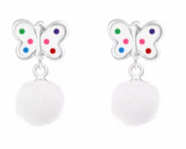 Kids White Butterfly Pom Pom Silver Stud Earrings