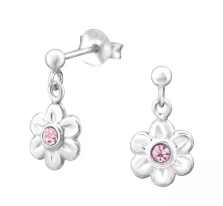 Kids Silver Flower with Pink CZ Hanging Earring