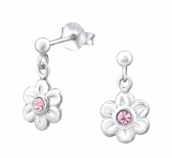 Kids Flower with Pink CZ Silver Hanging Earrings