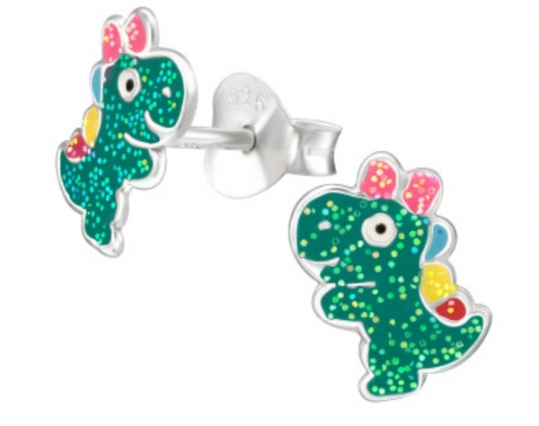 Kids Green Dinosaur with Glitter Silver Stud Earrings