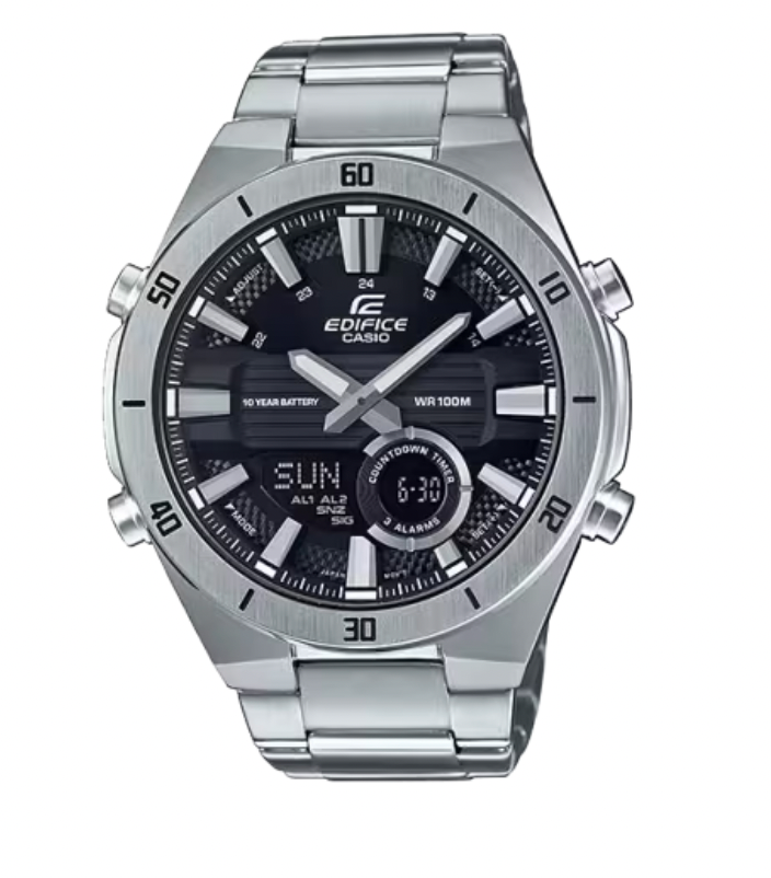 Casio Edifice Chrono W/Time/S/W Black Face, S/Steel Band