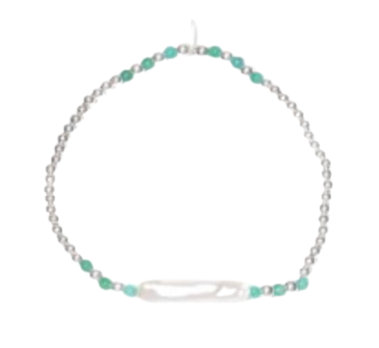 Elastic Long Pearl + Turquoise Beaded Bracelet