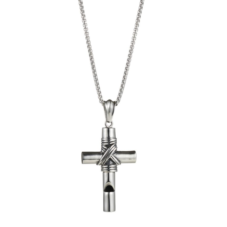 Stainless Steel/Wired Cross with Whistle - 60cm Box Chain