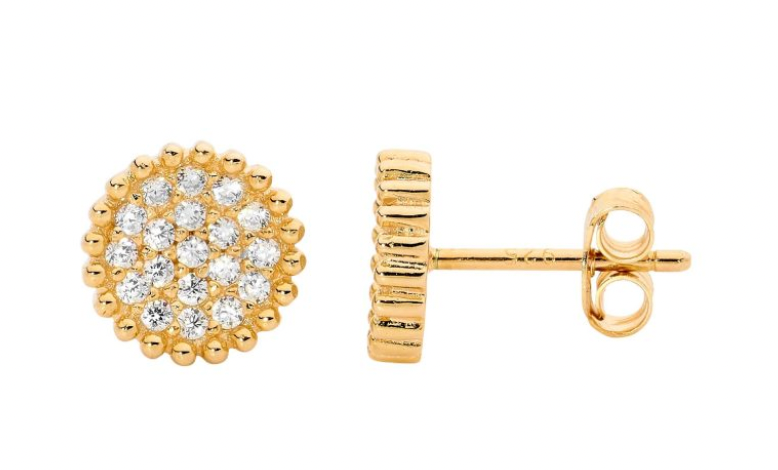 Yellow Gold CZs Pave Round Stud Earring/Pendant