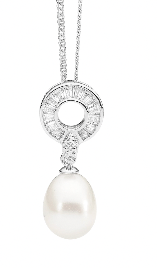 Baguette Circle w/ Freshwater Pearl Drop Pendant