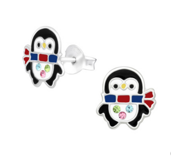 Christmas: Kids Penguin with Crystals Silver Stud Earrings