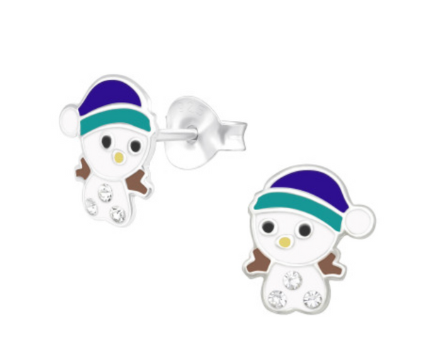 Christmas: Kids Snowman with Crystals Silver Stud Earrings