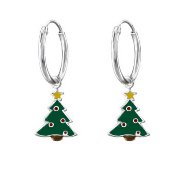 Christmas: Kids Tree Silver Hoop Earrings