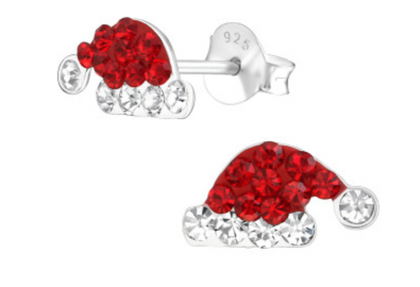 Christmas: Kids Santa Hat with Crystals Silver Stud Earrings