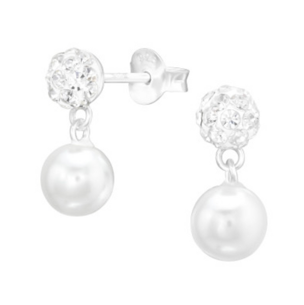 Kids Hanging Pearls and Crystal Silver Stud Earrings