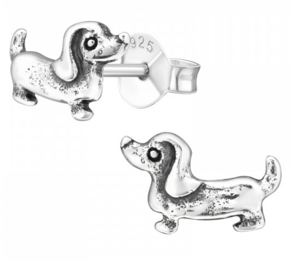 Kids Silver Oxidised Sausage Dog Earrings