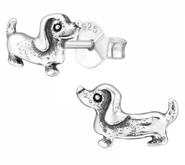 Kids Sausage Dog Oxidised Silver Stud Earrings