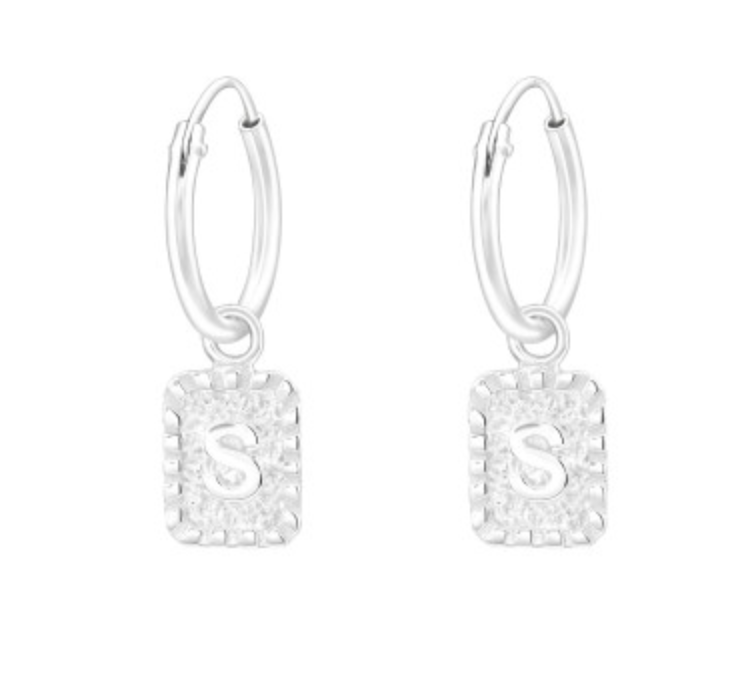 Initial Silver Drop Hoop Earring